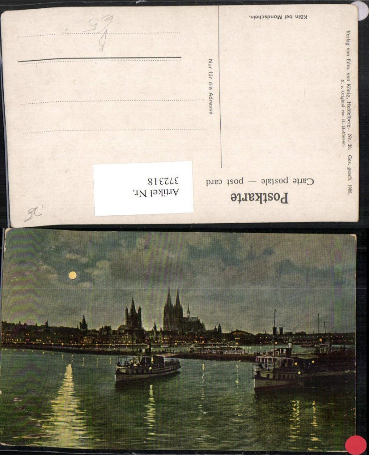 372318,Künstler AK Heinrich Hoffmann Köln am Rhein b. Mondschein Totale Dampfer