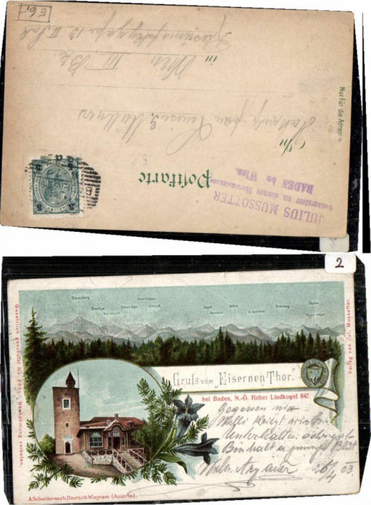 71616,Litho Gruß v. Eisernen Thor Baden Lindkogel Mödling