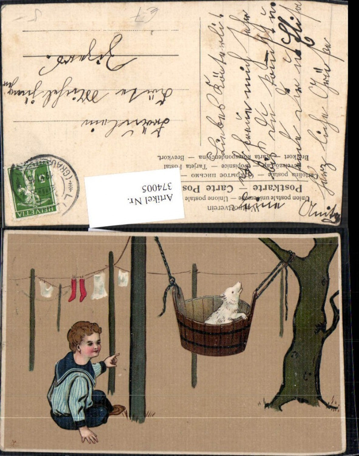 374005,Künstler Ak Kind Bub Junge i. Uniform Matrosenanzug Hund i. Fass Schaukel