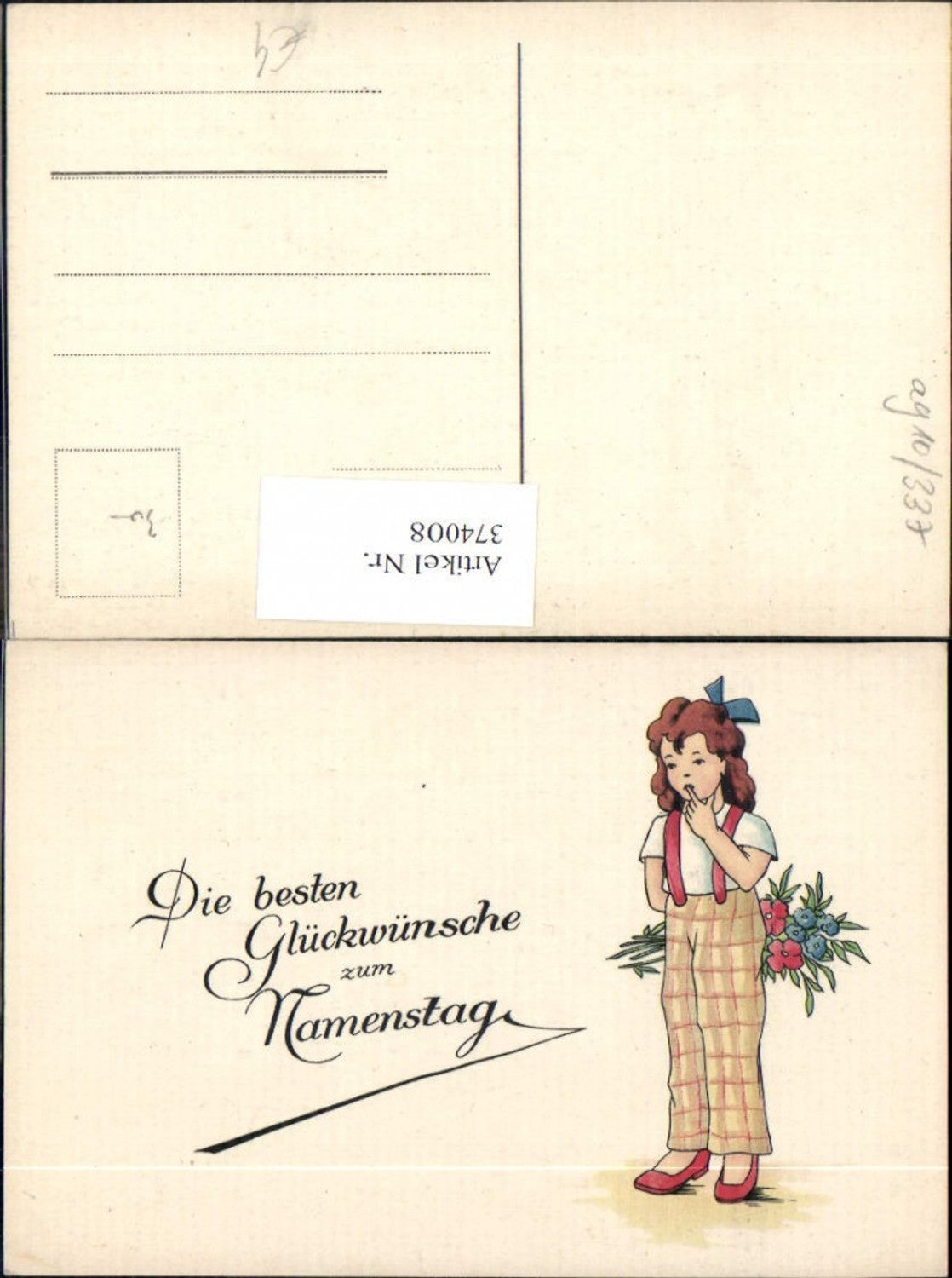 374008,Künstler Ak Kind Mädchen Haarschleife Blumenstrauß Namenstag