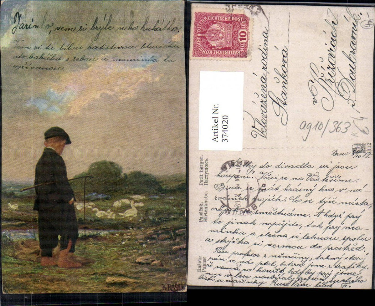 374020,Künstler Ak Rasek Hirtenknabe Kind Bub Junge m. Gänse
