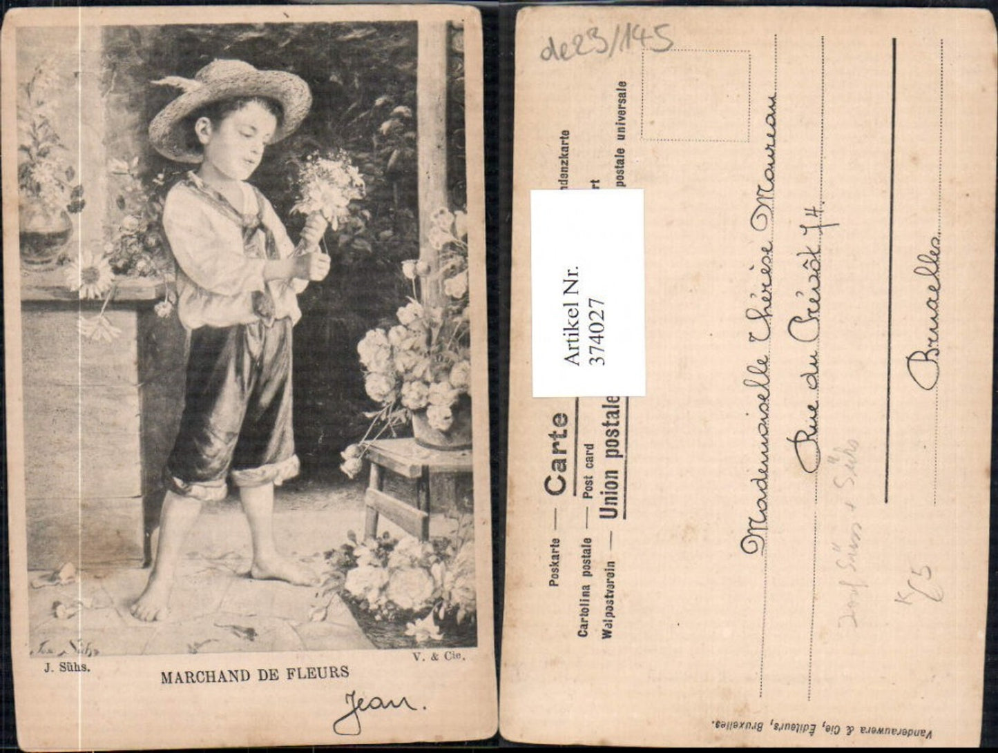 374027,Künstler Ak J. Süss Sühs Marchand de Fleurs Kind Bub Junge m. Hut Blumenstrauß