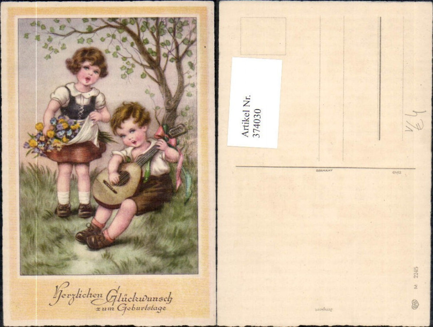 374030,Künstler Ak Kinder Tracht Singen Musik Gitarre Blumen Geburtstag pub EAS M 2245