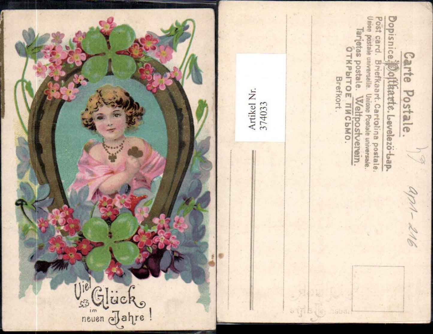 374033,Künstler Ak Kind Mädchen Hufeisen Klee Kleeblatt Blumen Neujahr