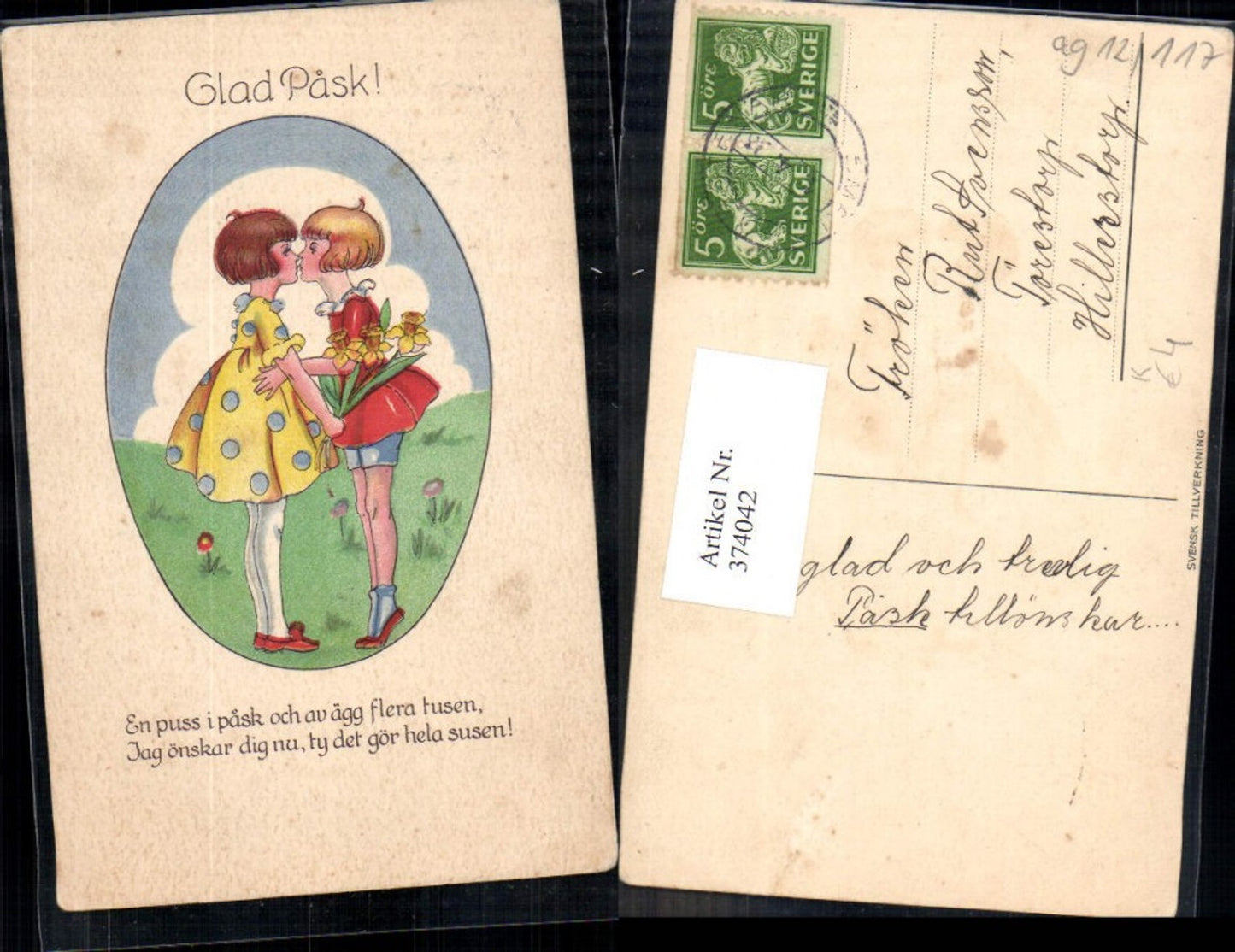 374042,Künstler Ak Kinder Mädchen Kuss Blumen Narzissen Passepartout Glad Pask