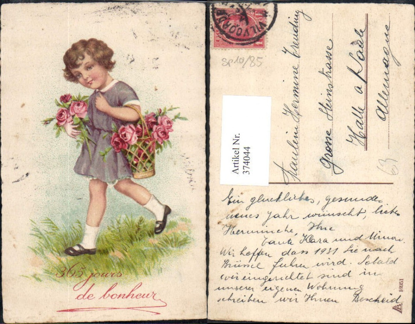 374044,Künstler Ak Kind Mädchen Kleid Korb m. Blumen Rosen 365 jours de bonheur