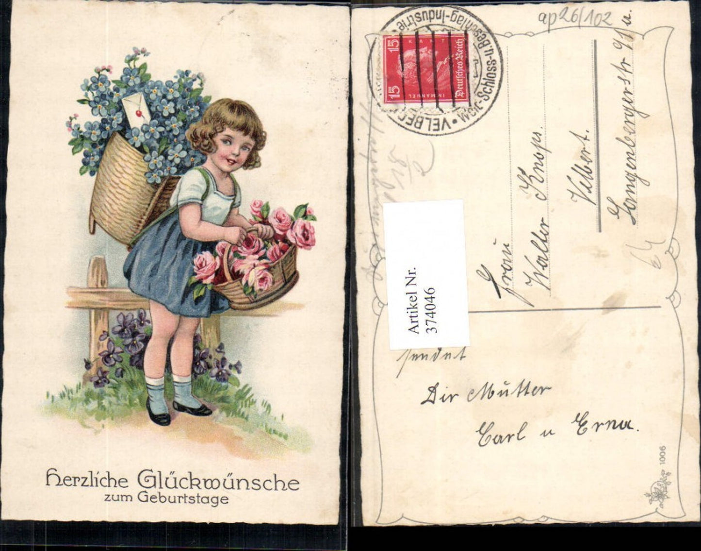 374046,Künstler Ak Kind Mädchen Rückkorb Blumen Vergissmeinnicht Rosen Geburtstag