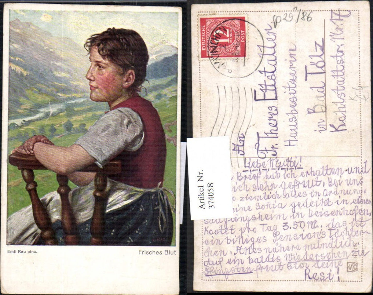 374058,Künstler Ak Emil Rau Frisches Blut Kind Mädchen i. Tracht Zöpfe Bergkulisse