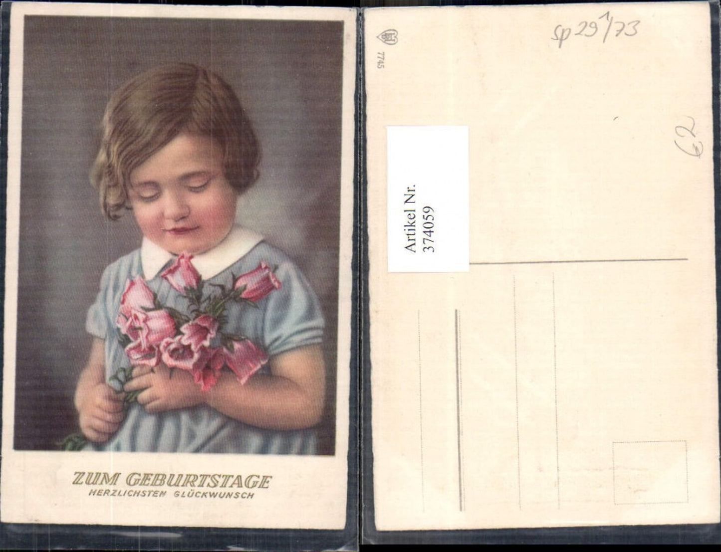 374059,Künstler Ak Kind Mädchen m. Blumenstrauß Geburtstag Goldschrift