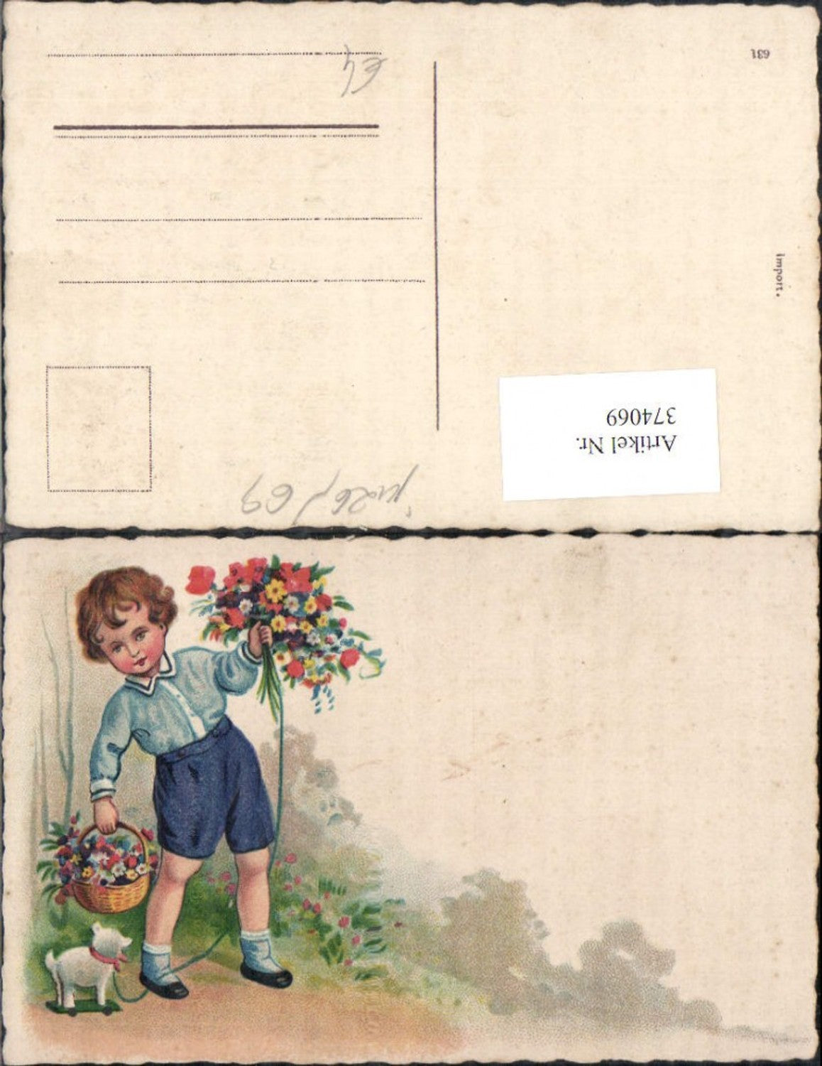 374069,Künstler Ak Kind Bub Junge m. Spielzeug Nachziehhund Blumenstrauß
