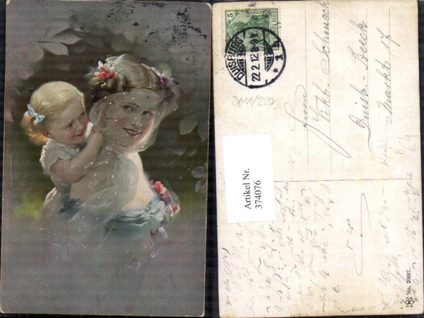374076,Künstler Ak Knofel unsign. Kind Mädchen Haarschleife a. Rücken d. Mutter Frau