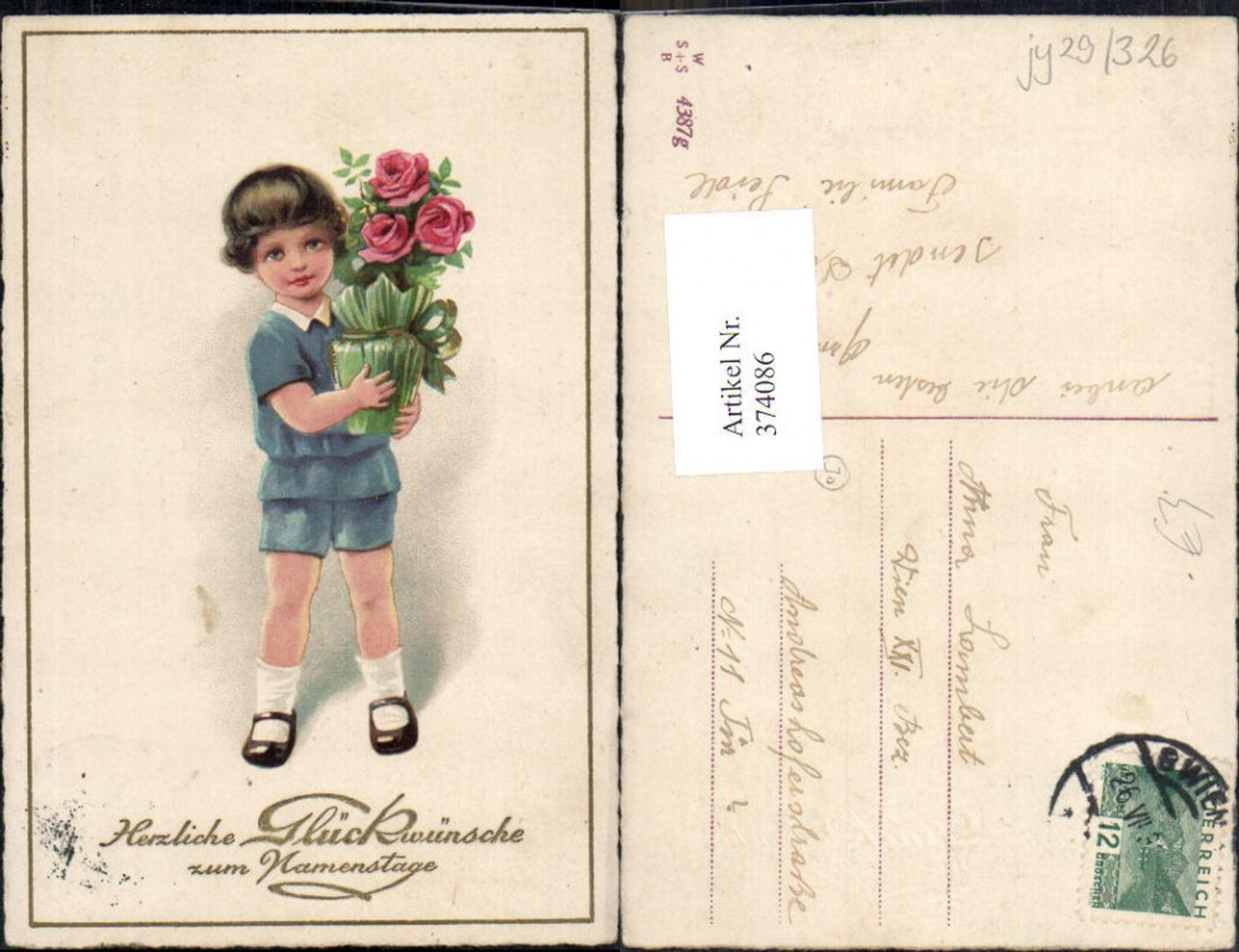 374086,Künstler Ak Kind Bub Junge Blumentopf Rosen Blumen Namenstag Goldschrift