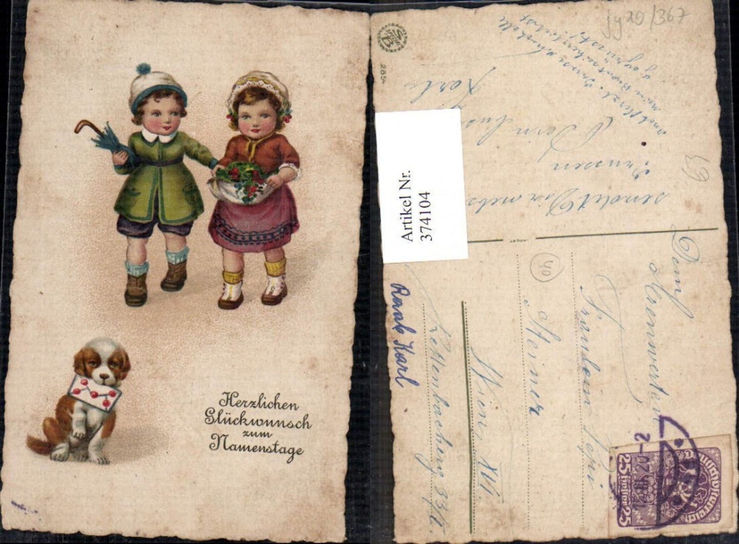 374104,Künstler Ak Kinder Hund m. Kuvert Namenstag Blumen