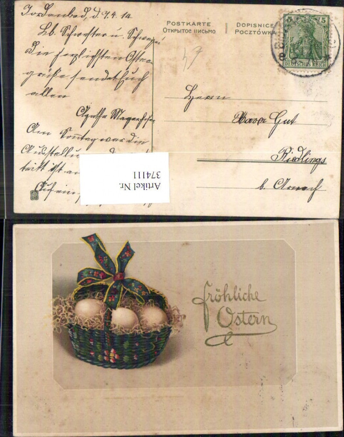 374111, Easter basket with Easter eggs, egg ribbon, gold lettering