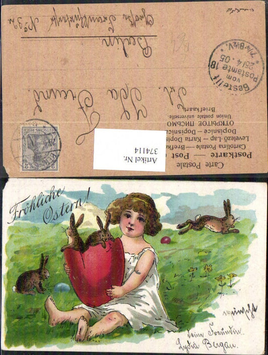 374114, Lithograph Easter girl bunnies in eggshells Easter eggs