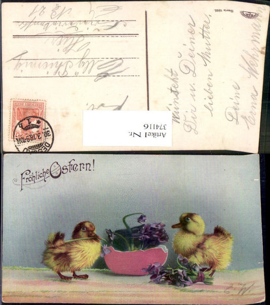 374116, Easter chick eggshell with flowers and violets