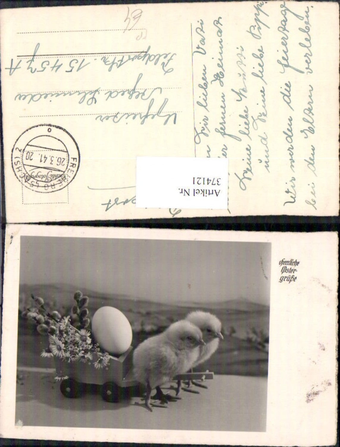 374121, Easter chicks pulling a wagon with eggs, Easter eggs, flowers, field post 15457 A Freiberg Saxony