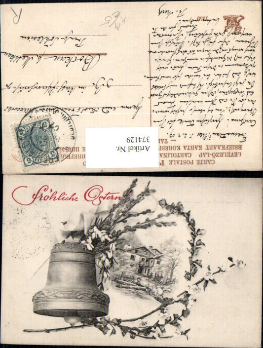 374129,Künstler Ak Ostern Bauernhaus Haus Glocke Osterglocke Blütenzweig Palmkätzchenzweig