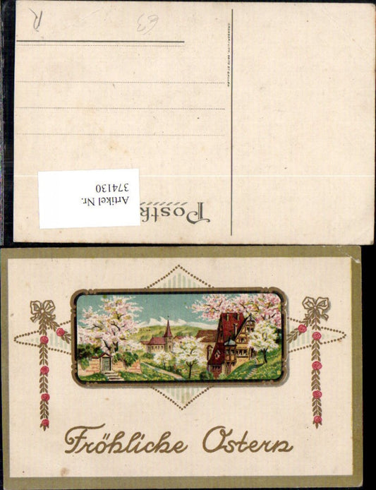 374130,Ostern Dorf m. Baumblüte Passepartout Ornament Blumenranke Goldschrift