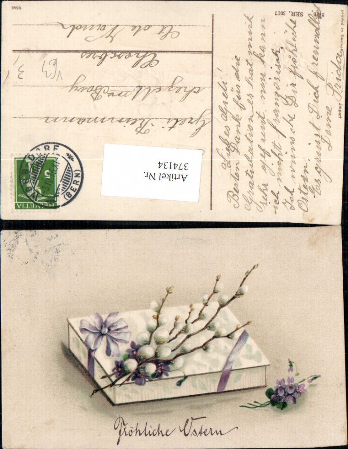 374134, Embossed Easter Box Package with Ribbon Flowers Violets Pussy Willow Branches pub HWB 3017