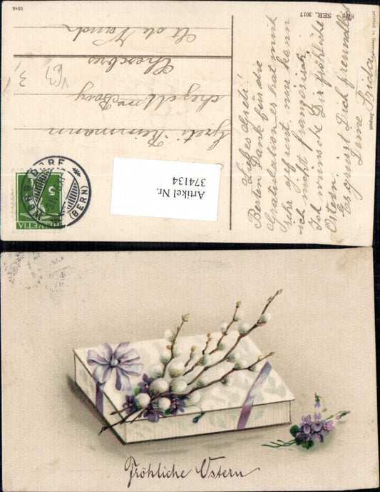 374134,Präge Ak Ostern Schachtel Paket m. Schleife Blumen Veilchen Palmkätzchenzweige pub HWB 3017