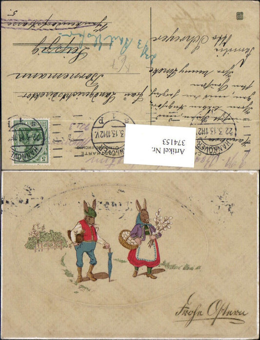 374153,Künstler Ak Ostern Hasen vermenschlicht Korb m. Eier Ostereier Palmkätzchenstrauß