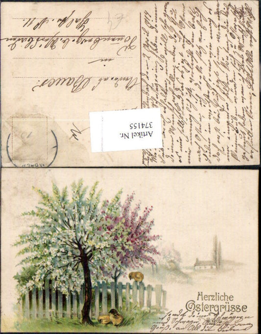 374155,Ostern Blühender Baum Küken Zaun Goldschrift