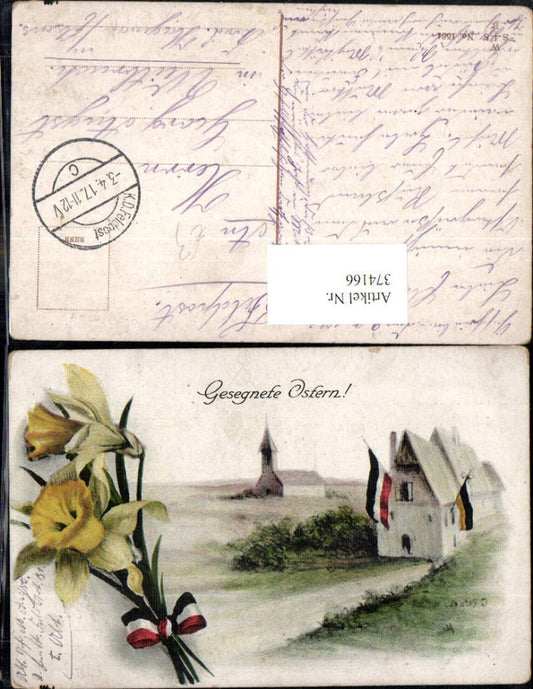 374166, Easter church house with flags, patriotism, daffodils, flowers, ribbon