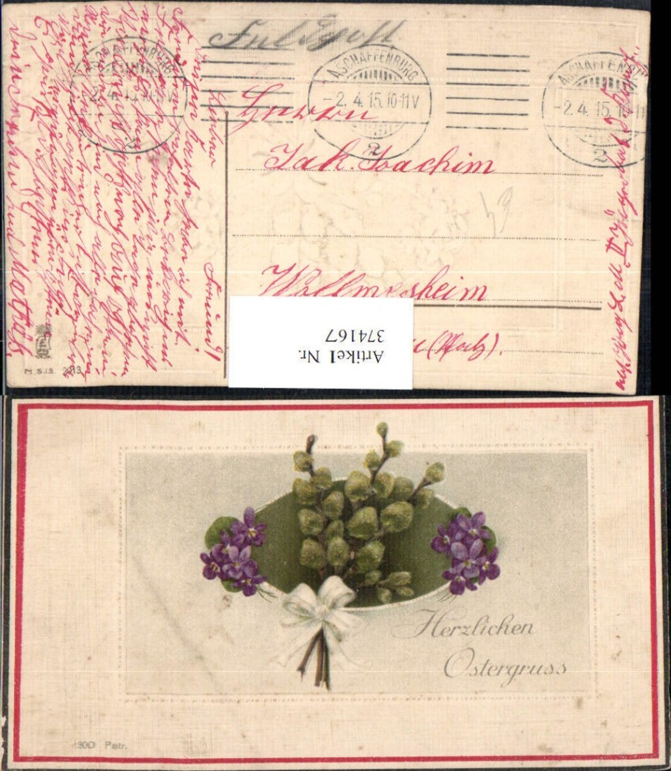374167,Embossed postcard Easter pussy willow branches violets ribbon passe-partout patriotism