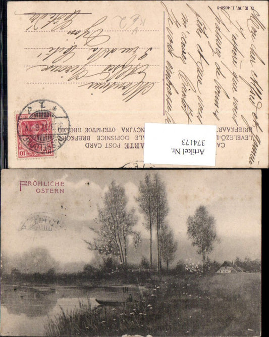 374173, Artist Ak Easter Fisherman Boat Birches House Landscape pub BKWI 4050/3