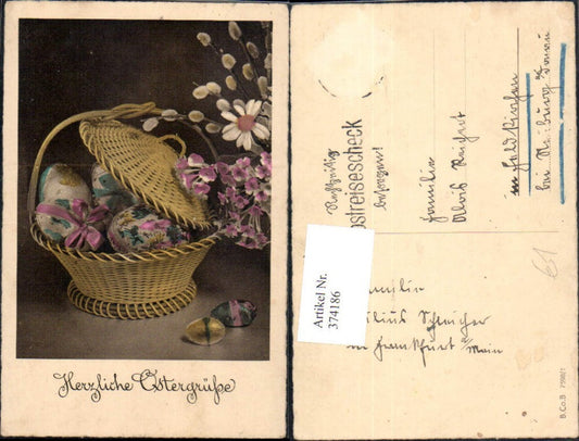 374186, Easter basket with Easter eggs, eggs, flowers, pussy willows