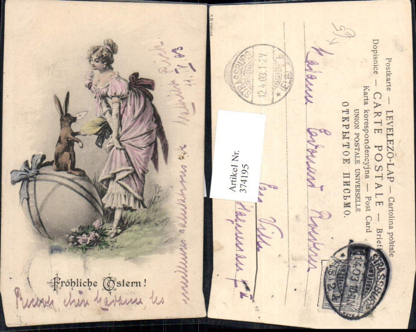 374195, Artist AK Easter Bunny with envelope Woman Easter egg Egg with ribbon