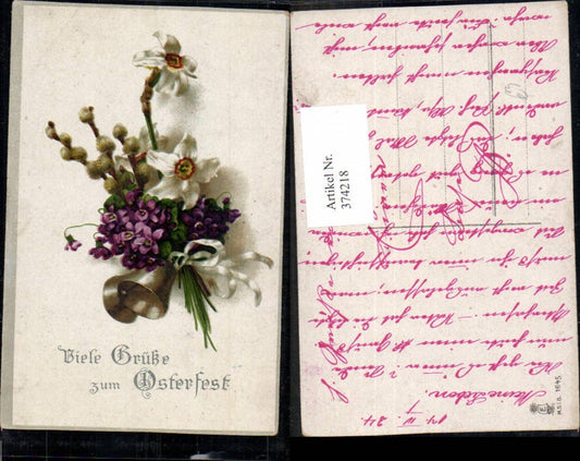 374218, Easter Pussy willows White daffodils Violets Bouquet Ribbon Bells Easter bells