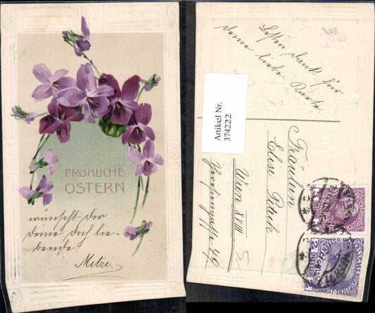 374222, Embosser Lithograph Easter Violet Flower Ornament Gold Lettering