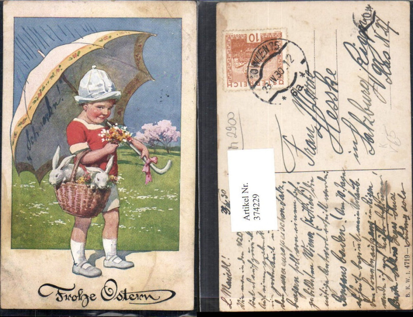 374229, Artist Ak Easter Boy Basket with Rabbits Flowers Umbrella Parasol pub BKWI 4719/1