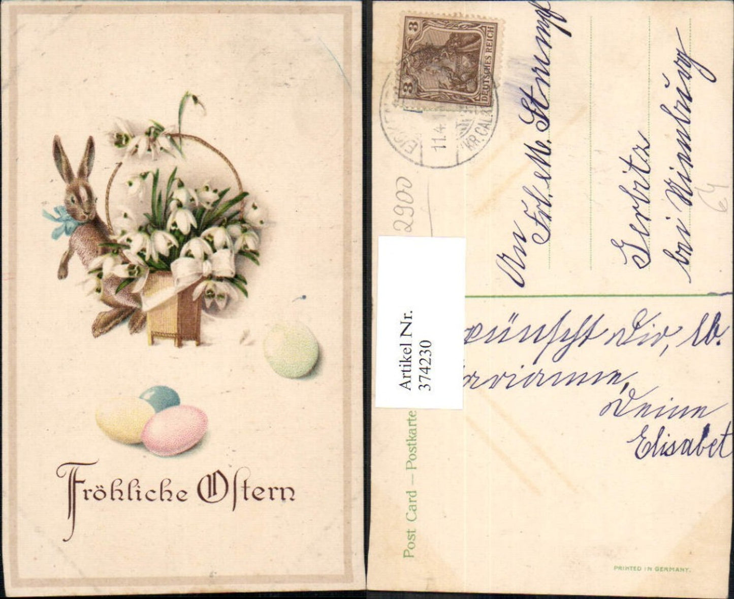 374230,Ostern Korb m. Schneeglöckchen Hase Bunte Eier Ostereier