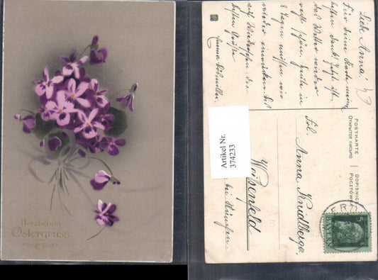 374233, Artist AK Easter Flowers Violets Gold lettering