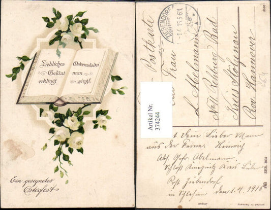 374244, Embosser Lithograph Easter Open Book White Roses Flowers pub HWB 3032