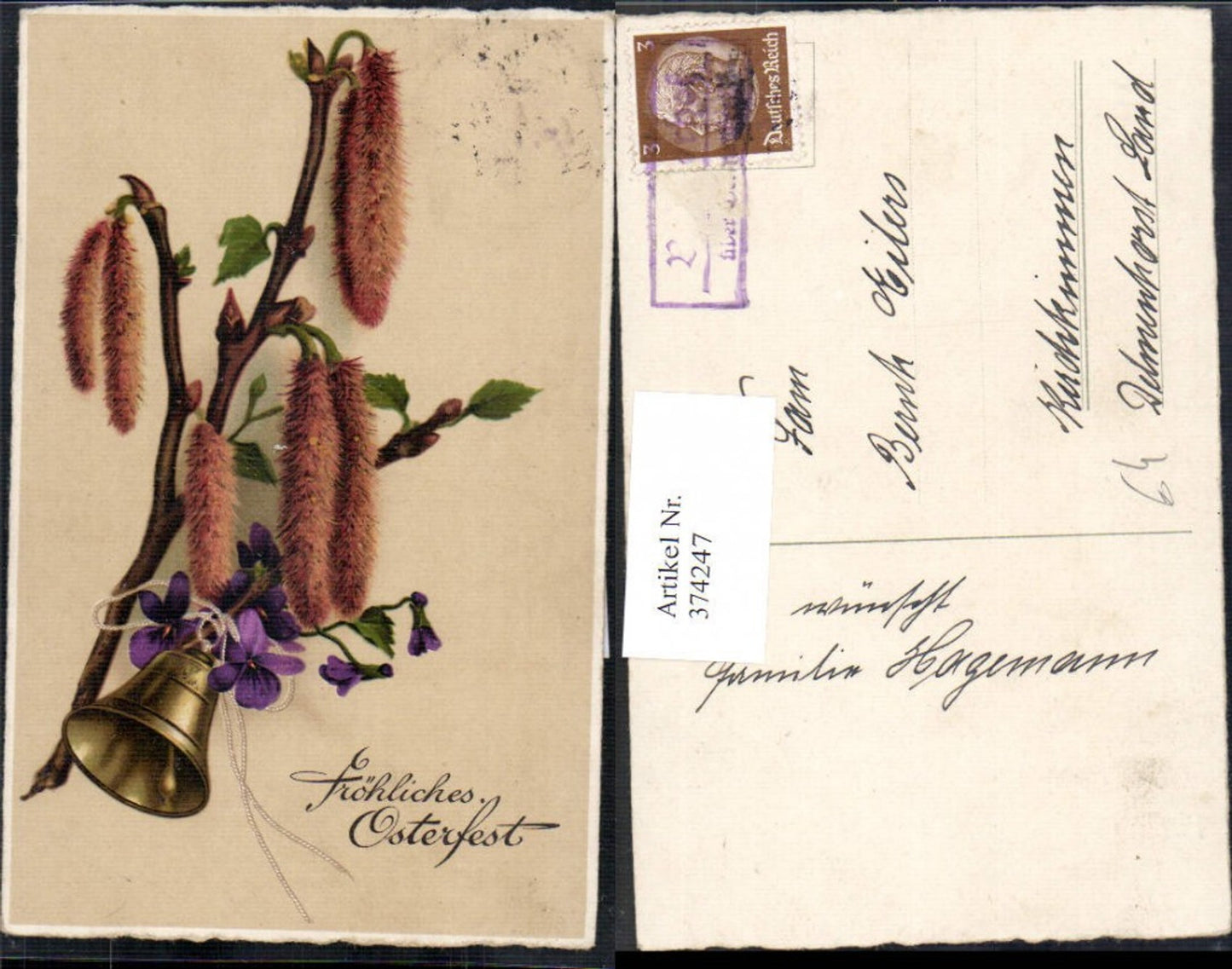 374247, Easter pussy willow bell violet ribbon