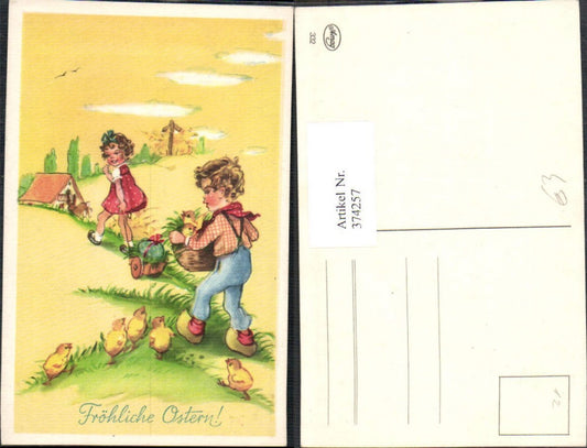374257, Artist AK Easter Children Wagon Basket Chicks House Landscape