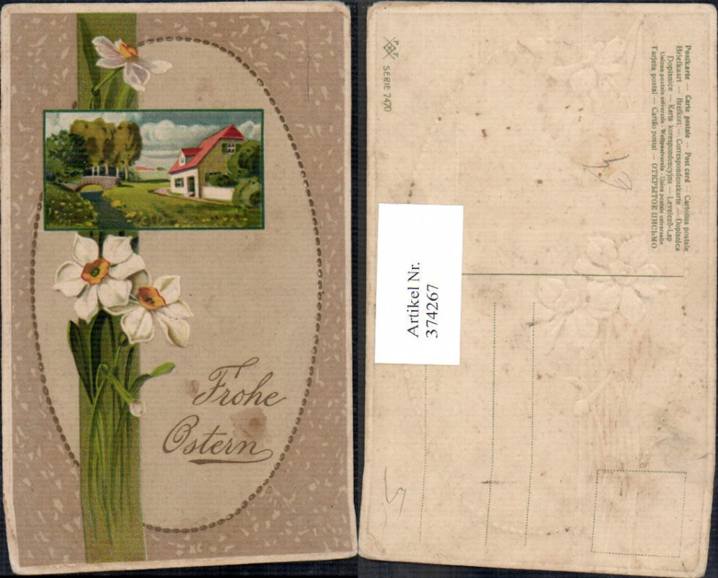 374267, embossed postcard Easter house bridge landscape passe-partout daffodils flowers