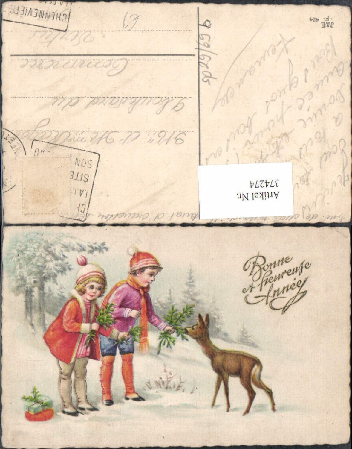 374274,Künstler Ak Kinder i. Winterwald Reh Wild Pakete Geschenke