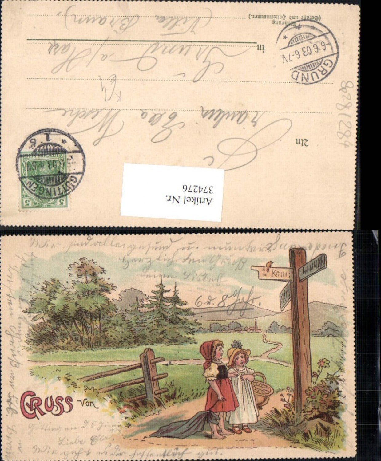 374276,Künstler Ak Kinder Mädchen Wegweiser Landschaft