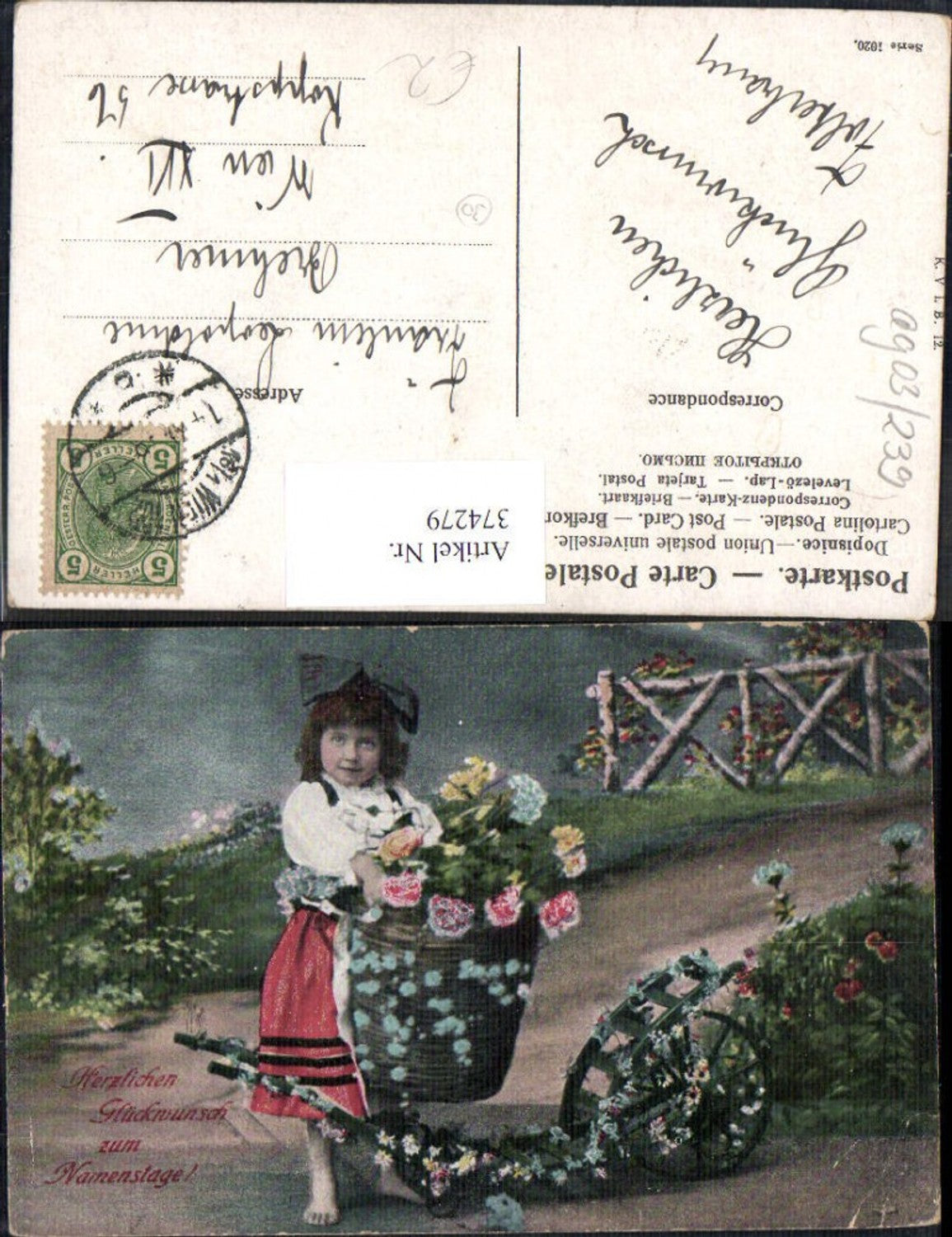 374279,Kind Mädchen Tracht Haarschleife Schubkarre Scheibtruhe Korb Blumen Rosen