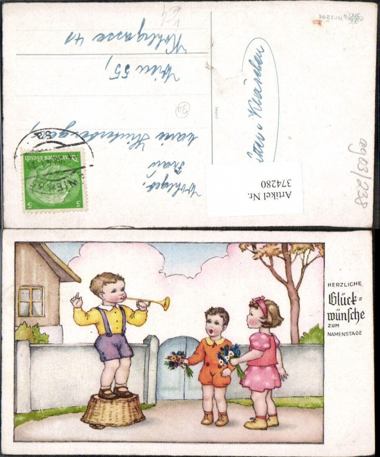 374280,Künstler Ak Kinder Singen Musik Trompete Haus Gartenzaun Tor pub Erika 1294