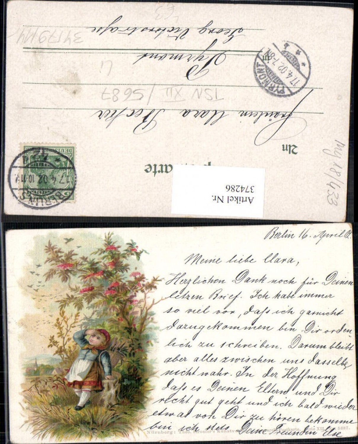 374286,Künstler Litho Kind Mädchen Rückenkorb Kirche Landschaft