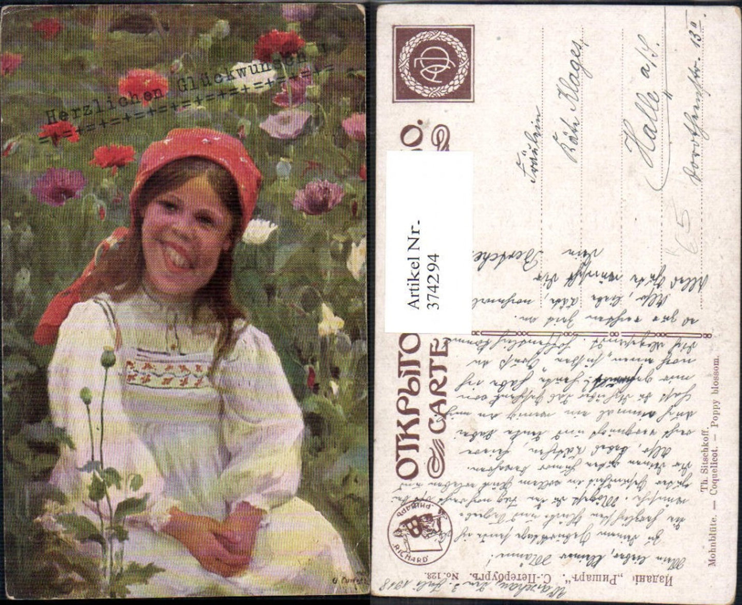 374294,Künstler Ak Th. Sitschkoff Mohnblüte Kind Mädchen Kopftuch Mohnblumen Blumen