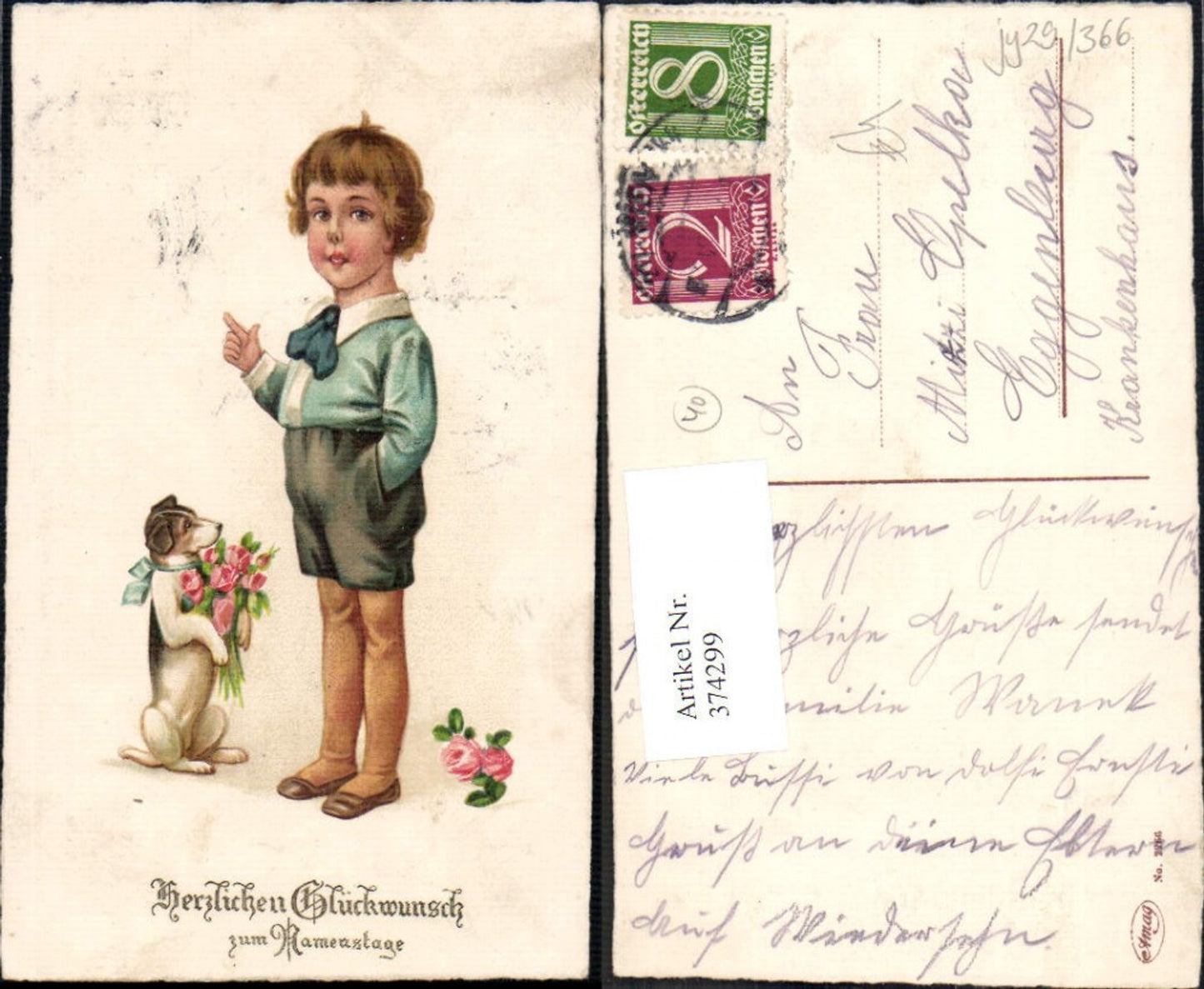 374299,Künstler Ak Kind Bub Junge m. Hund Strauß Blumen Rosen