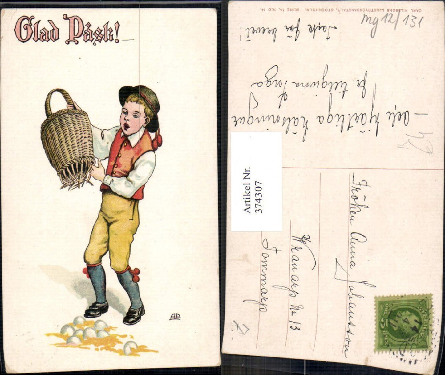 374307, Artist Ak Child Boy Basket with Hole Eggs on Bottom Eggshells