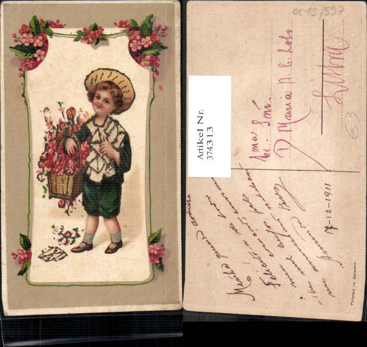 374313,Künstler Ak Kind Bub Junge Uniform Matrosenanzug Korb Blumen Briefkuvert Passepartout
